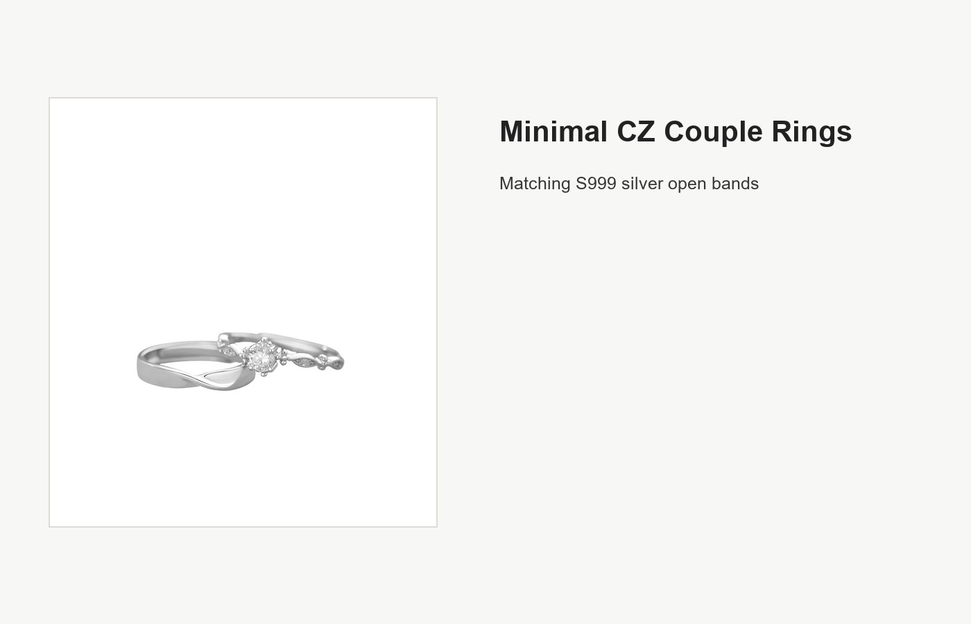 S999 Silver CZ Couple Ring Set with Minimal Open Bands detail image