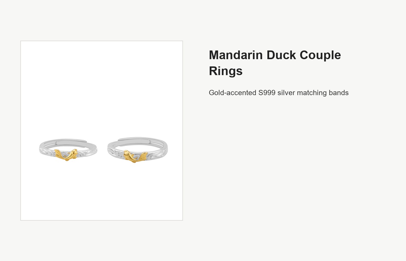 S999 Silver Mandarin Duck Couple Ring Set with Gold Accent detail image
