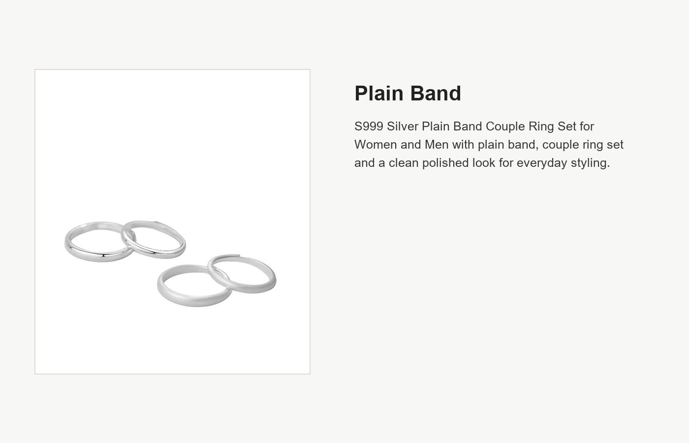 S999 Silver Plain Band Couple Ring Set for Women and Men detail image