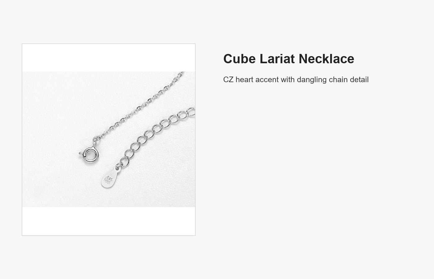 S999 Silver Cube Lariat Necklace with CZ Heart Accent detail image