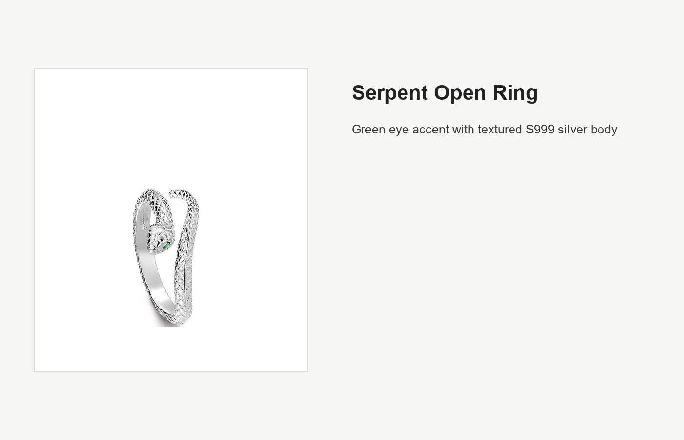 S999 Silver Serpent Open Ring with Green Eye Accent detail image