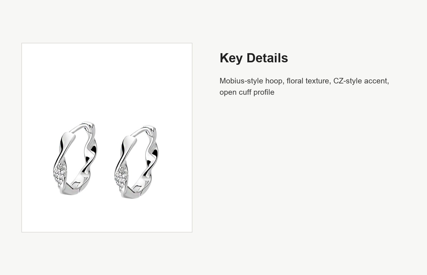 S999 Silver Floral Mobius Hoop Ear Cuffs with CZ Detail detail image