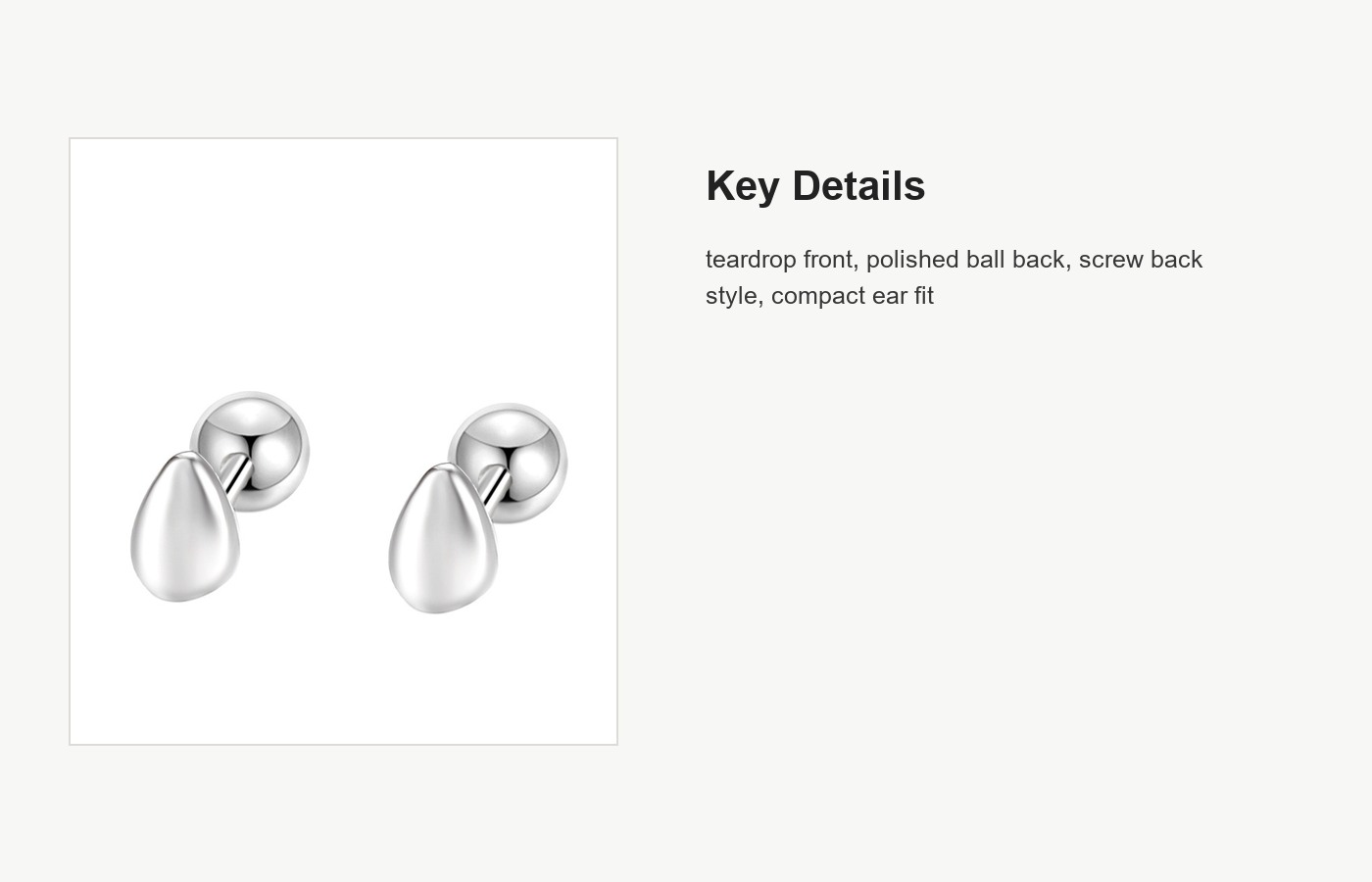 S999 Silver Teardrop Ball Screw Back Stud Earrings detail image