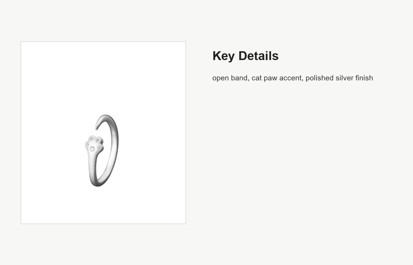 S999 Silver Cat Paw Open Ring for Women, Minimal Adjustable Paw Accent detail image