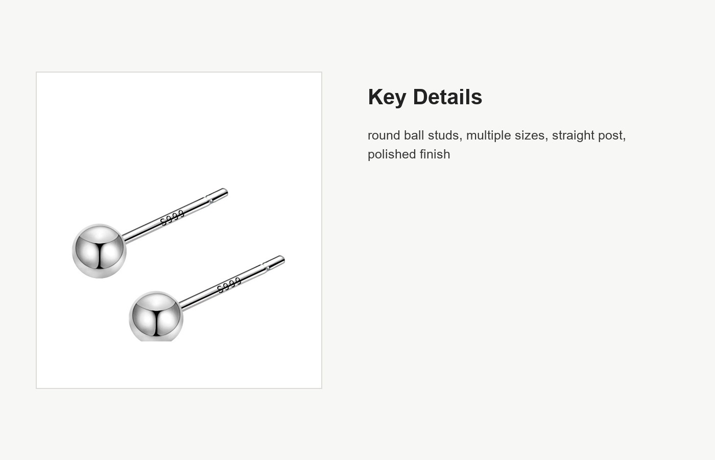 S999 Silver Round Ball Stud Earrings, Multiple Sizes detail image