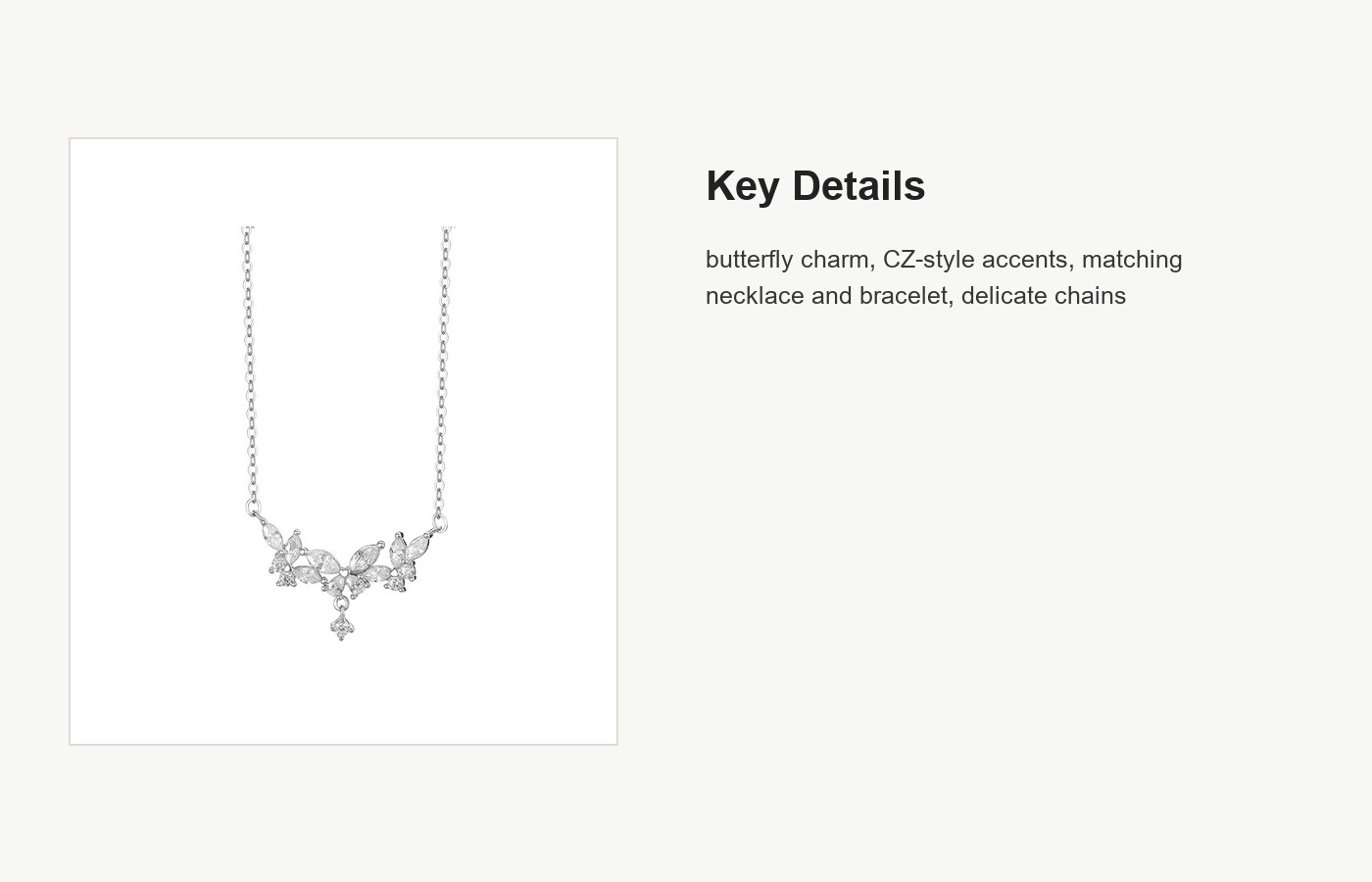 S999 Silver Butterfly CZ Necklace and Bracelet Set detail image