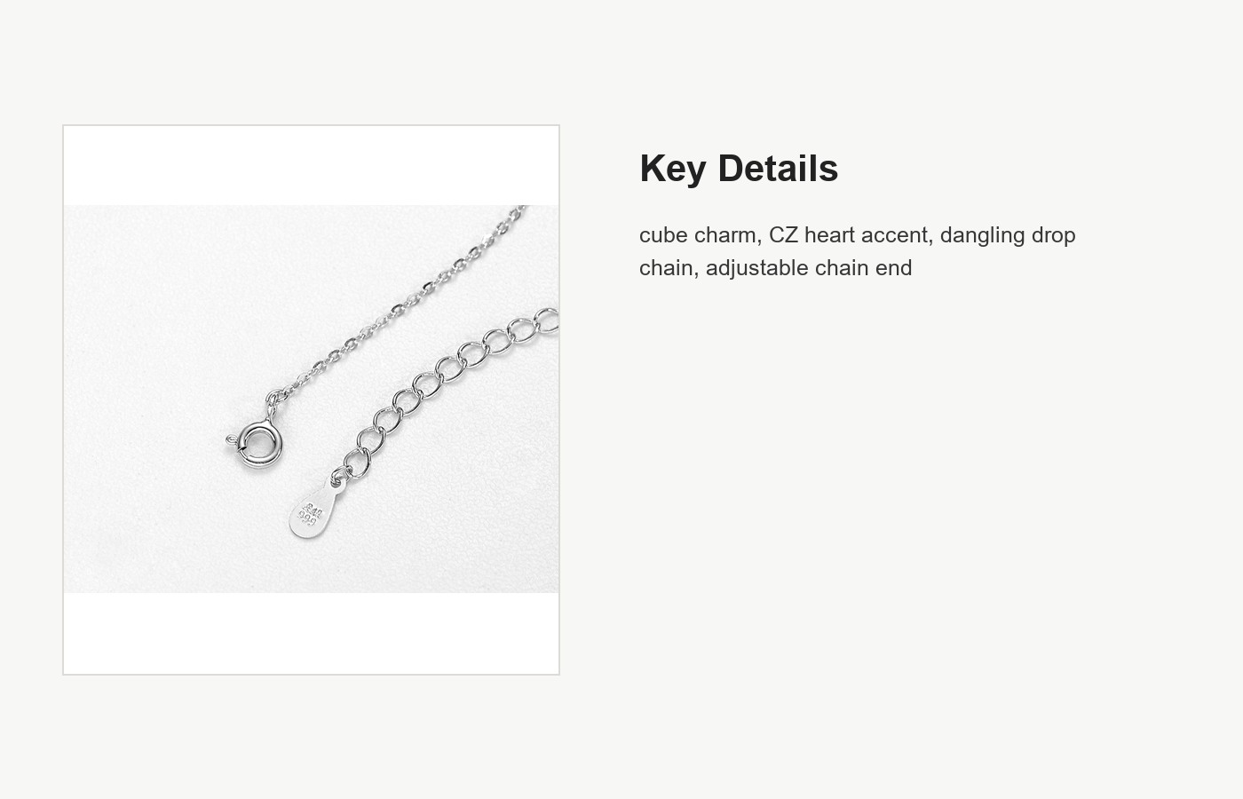 S999 Silver Cube Lariat Necklace with CZ Heart Accent detail image