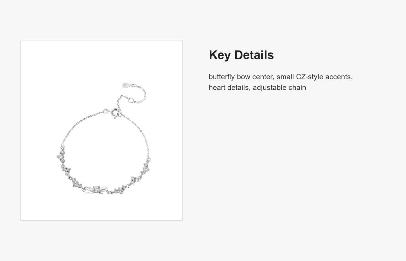 S999 Silver Butterfly Bow CZ Heart Bracelet for Women detail image