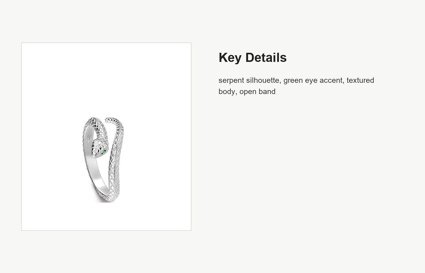 S999 Silver Serpent Open Ring with Green Eye Accent detail image