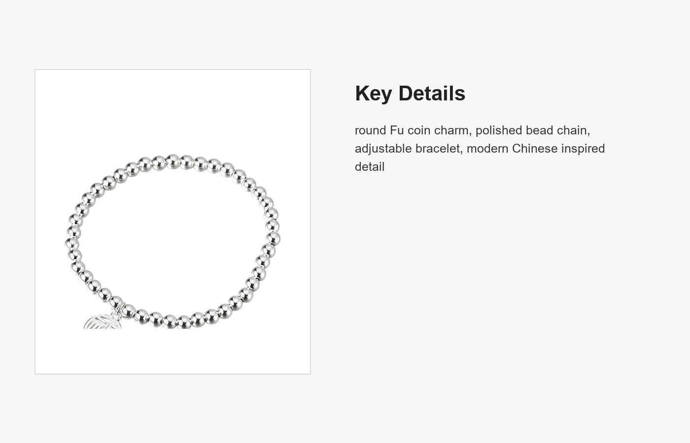 S999 Silver Fu Coin Bead Bracelet with Round Charm detail image