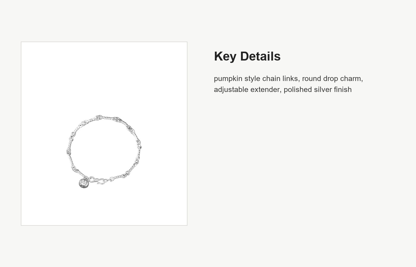 S999 Silver Pumpkin Chain Bracelet with Round Drop Charm detail image