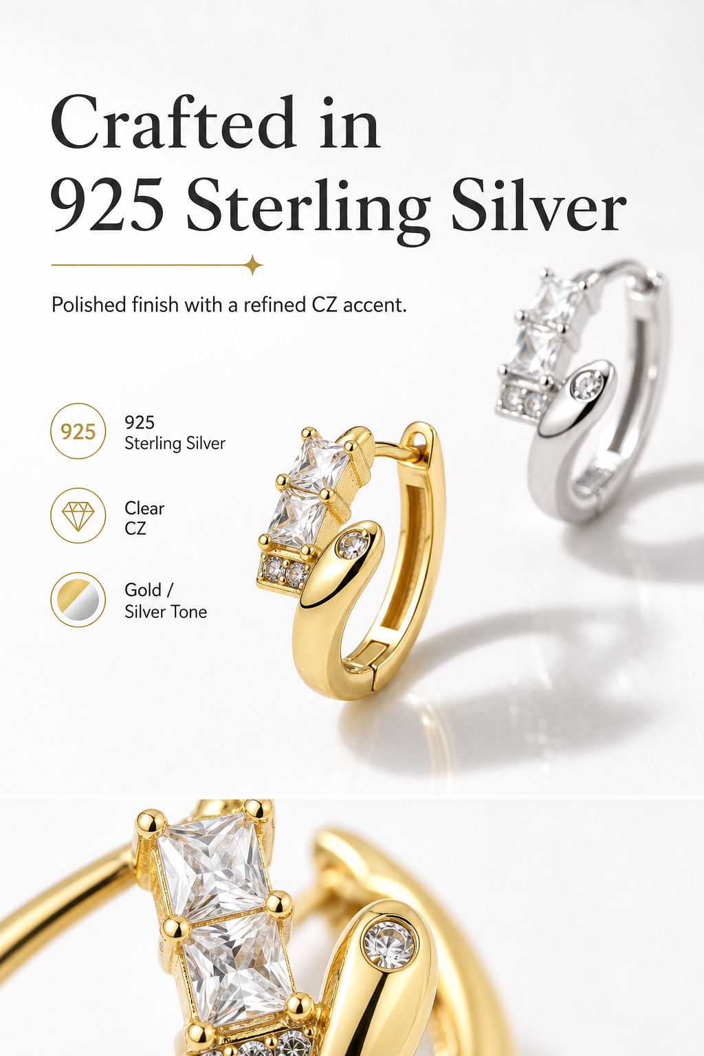 925 sterling silver and CZ material detail