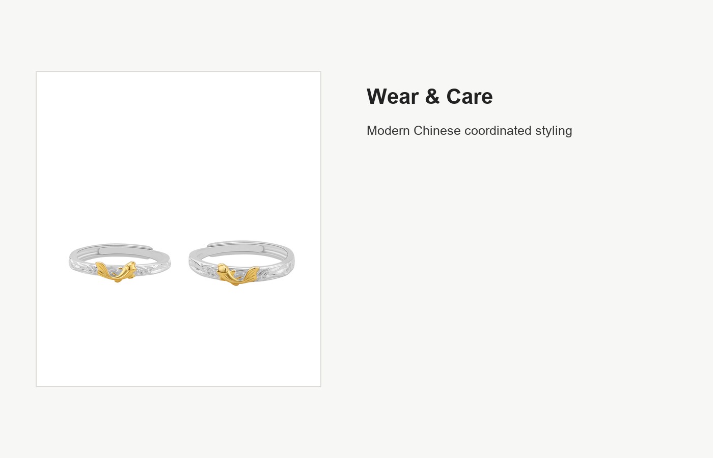 S999 Silver Mandarin Duck Couple Ring Set with Gold Accent detail image
