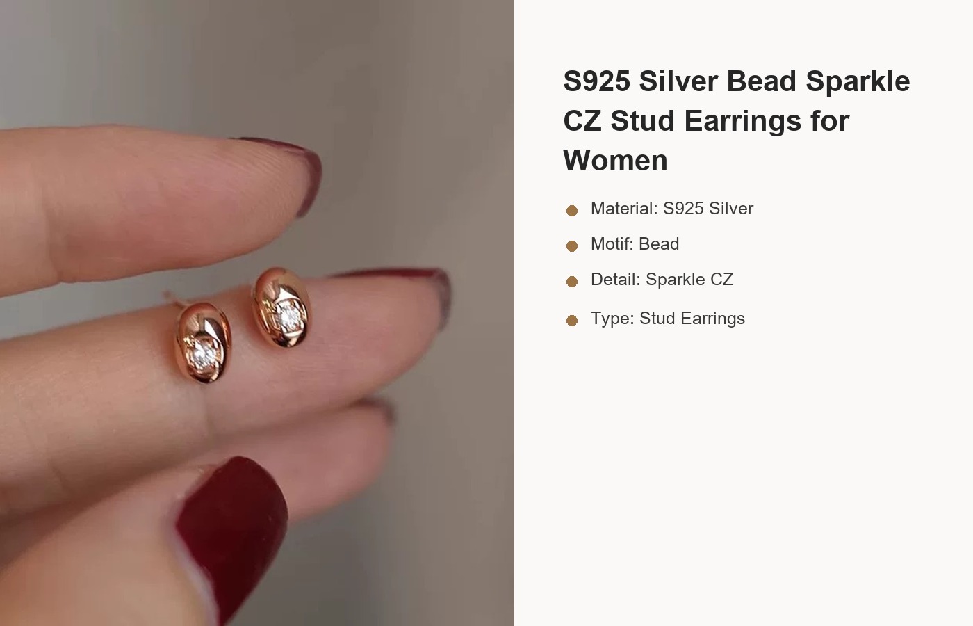 S925 Silver Bead Sparkle CZ Stud Earrings for Women detail image