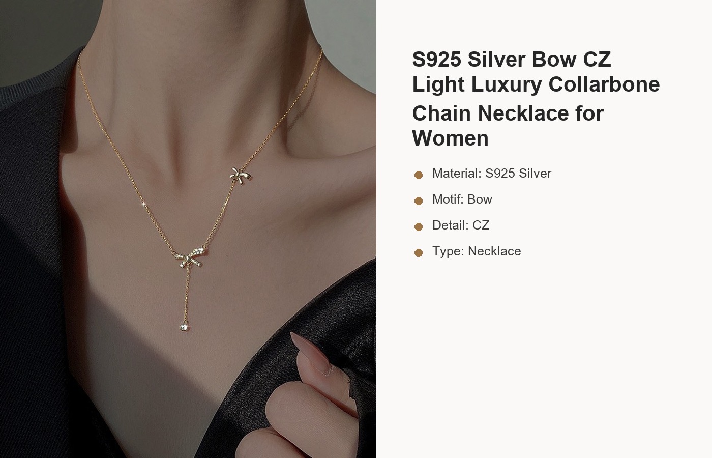 S925 Silver Bow CZ Light Luxury Collarbone Chain Necklace for Women detail image