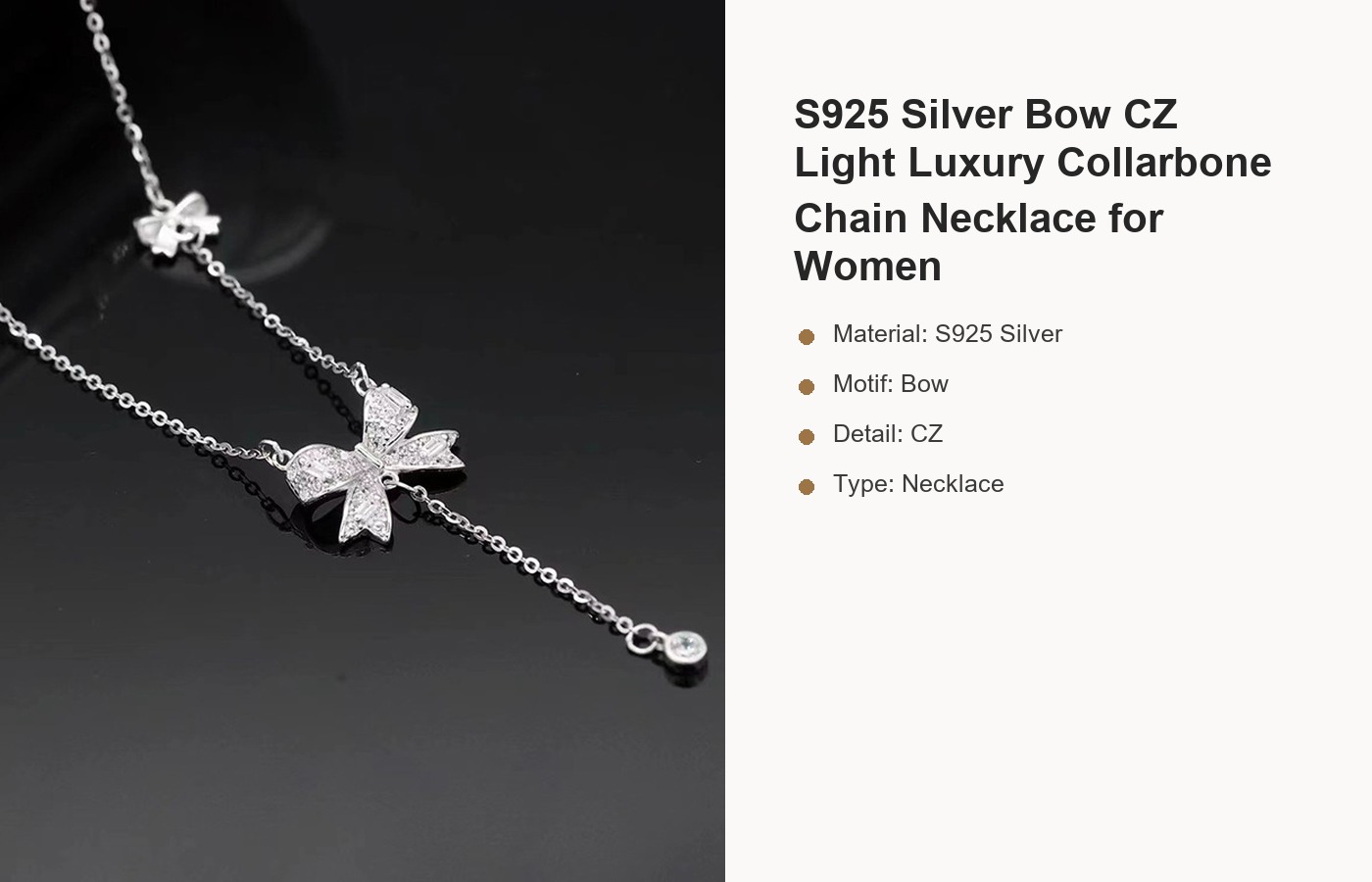 S925 Silver Bow CZ Light Luxury Collarbone Chain Necklace for Women detail image