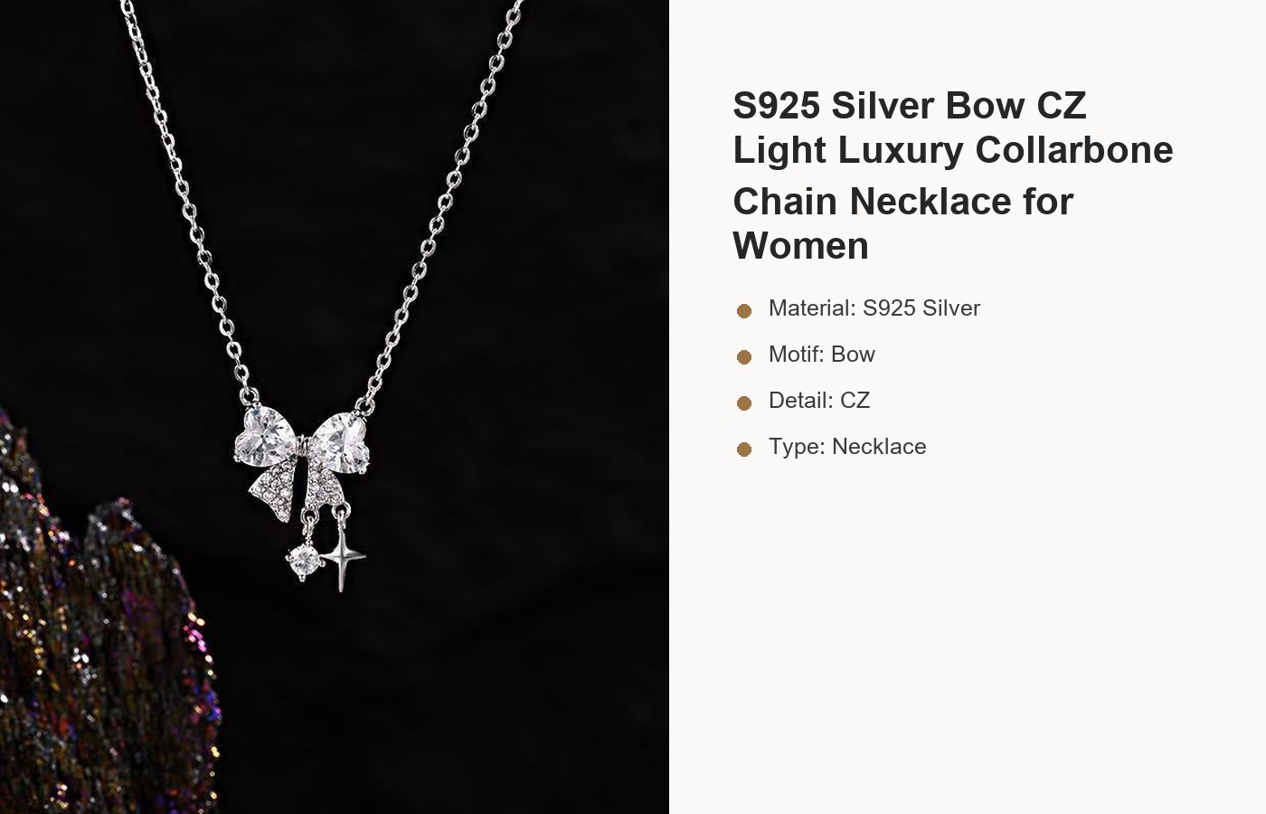 S925 Silver Bow CZ Light Luxury Collarbone Chain Necklace for Women detail image
