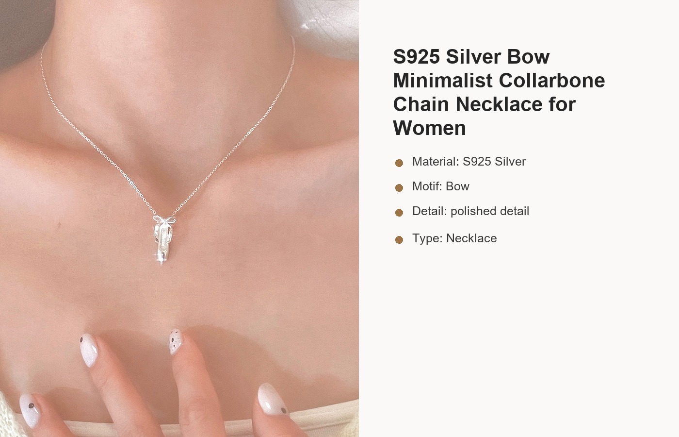 S925 Silver Bow Minimalist Collarbone Chain Necklace for Women detail image