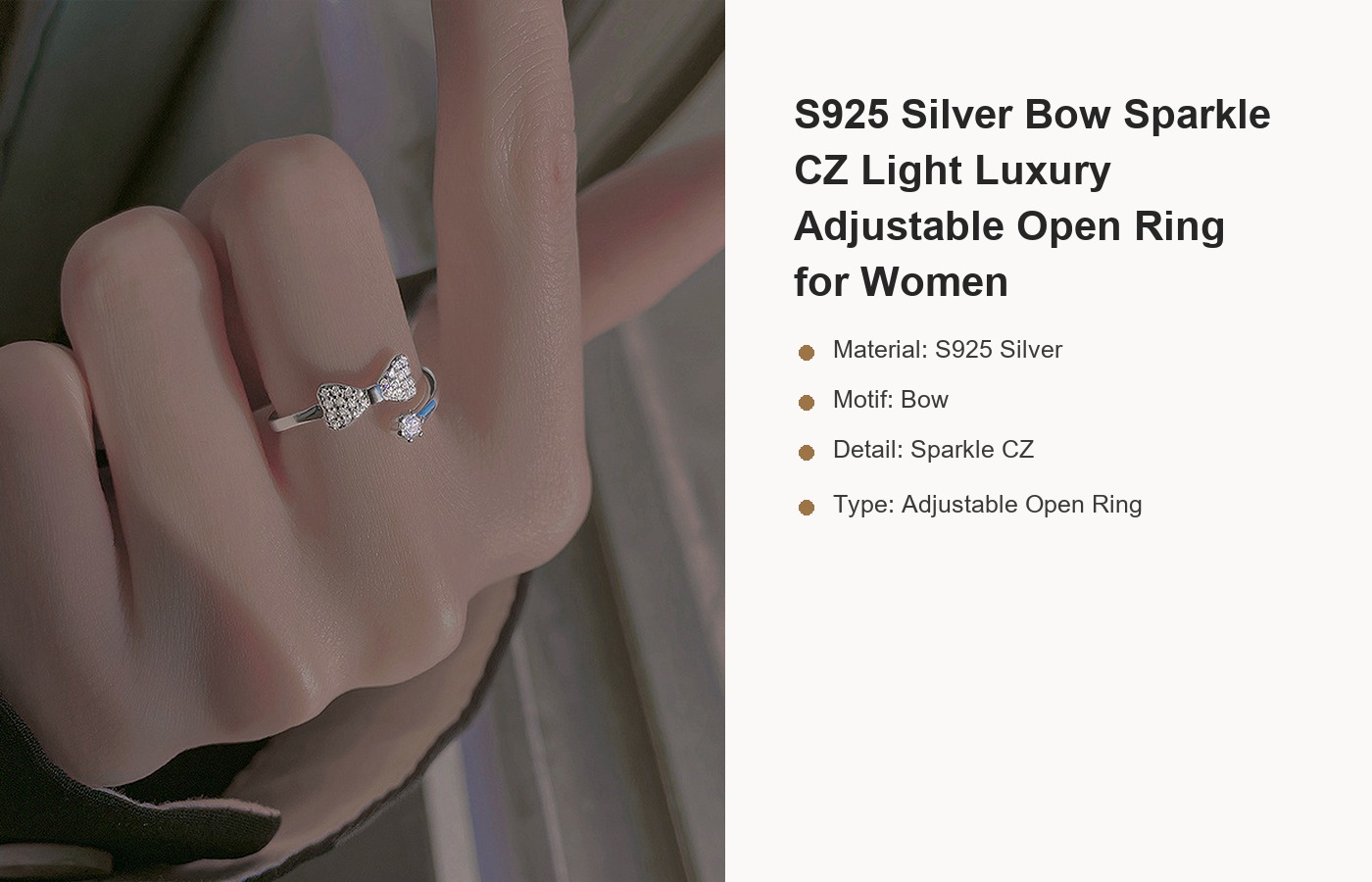 S925 Silver Bow Sparkle CZ Light Luxury Adjustable Open Ring for Women detail image