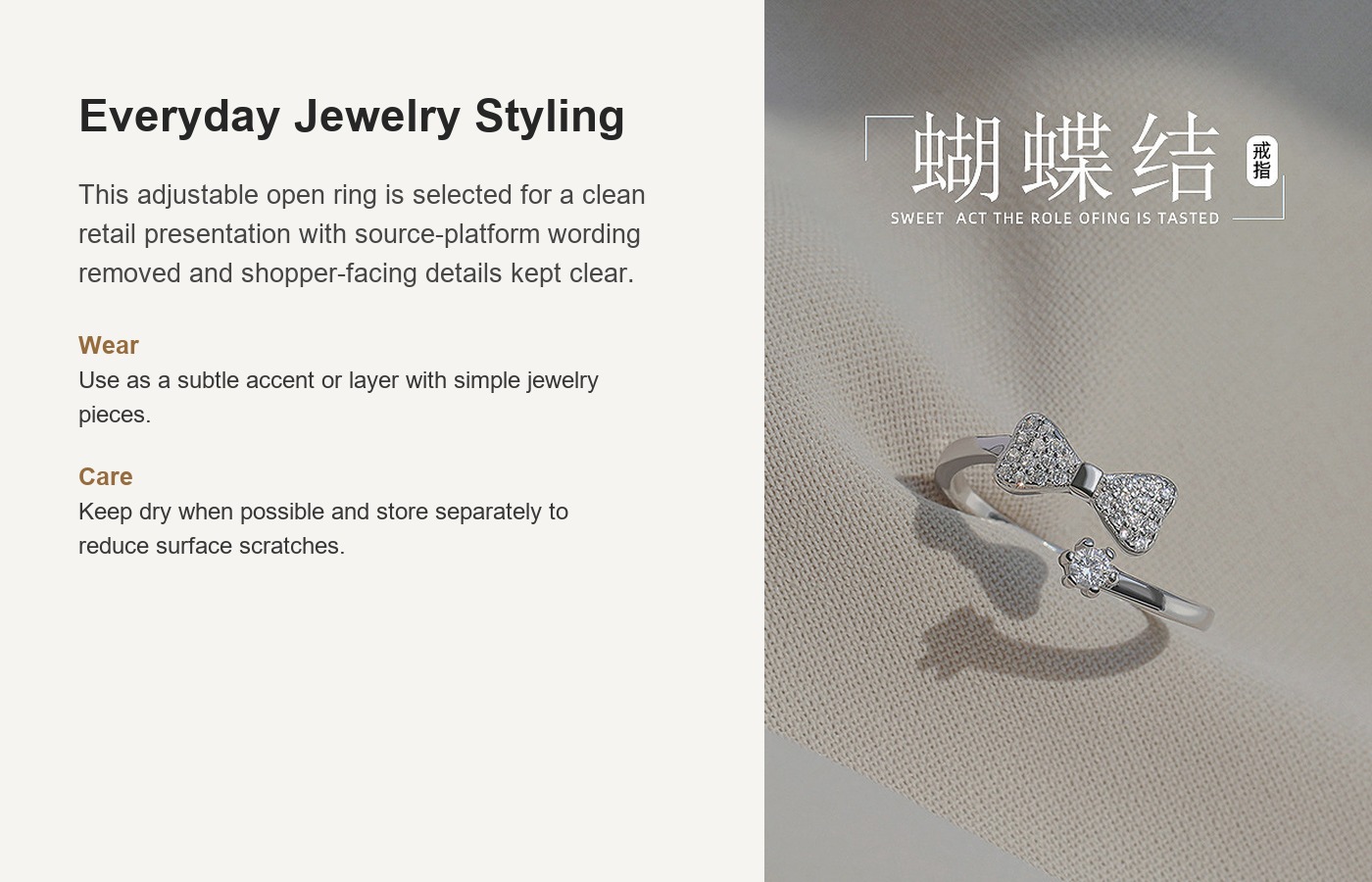 S925 Silver Bow Sparkle CZ Light Luxury Adjustable Open Ring for Women detail image