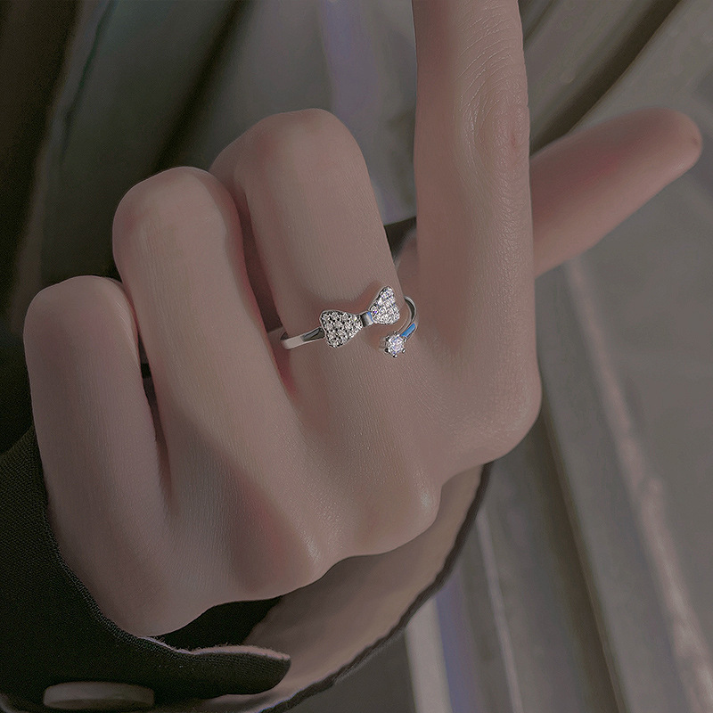 S925 Silver Bow Sparkle CZ Light Luxury Adjustable Open Ring for Women main image 2