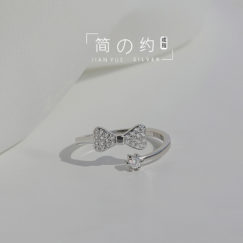 S925 Silver Bow Sparkle CZ Light Luxury Adjustable Open Ring for Women main image 3
