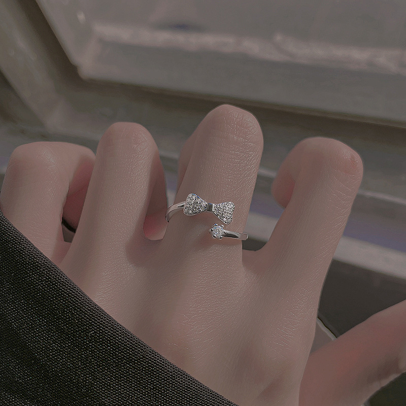 S925 Silver Bow Sparkle CZ Light Luxury Adjustable Open Ring for Women main image 4