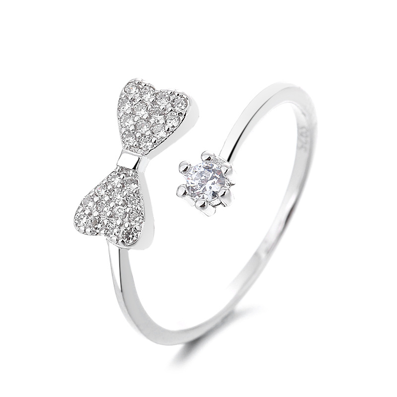 S925 Silver Bow Sparkle CZ Light Luxury Adjustable Open Ring for Women main image 5