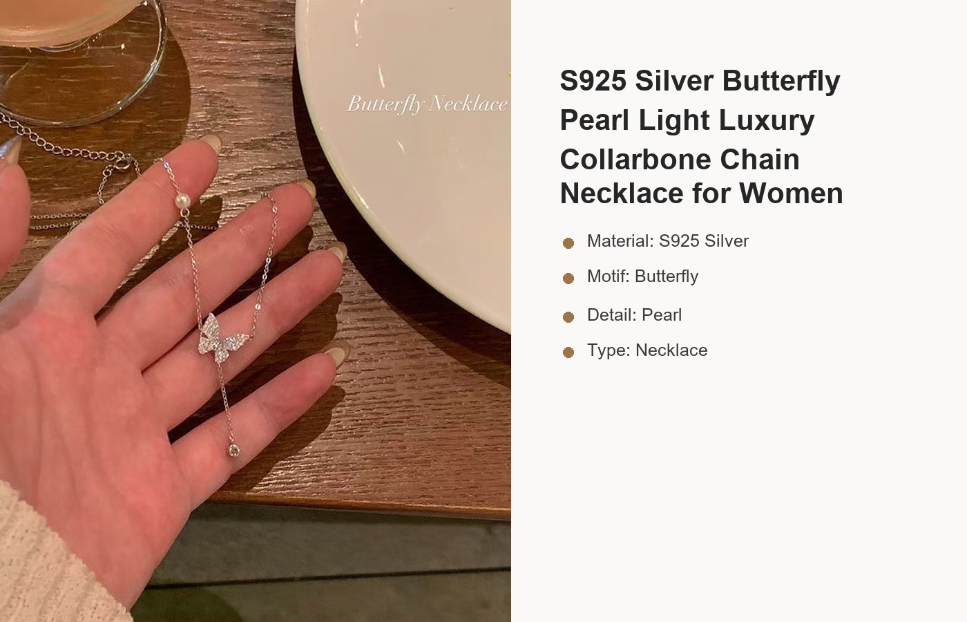 S925 Silver Butterfly Pearl Light Luxury Collarbone Chain Necklace for Women detail image
