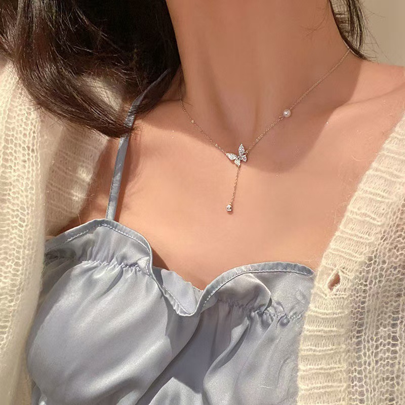 S925 Silver Butterfly Pearl Light Luxury Collarbone Chain Necklace for Women main image 3