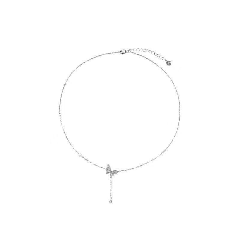 S925 Silver Butterfly Pearl Light Luxury Collarbone Chain Necklace for Women main image 5
