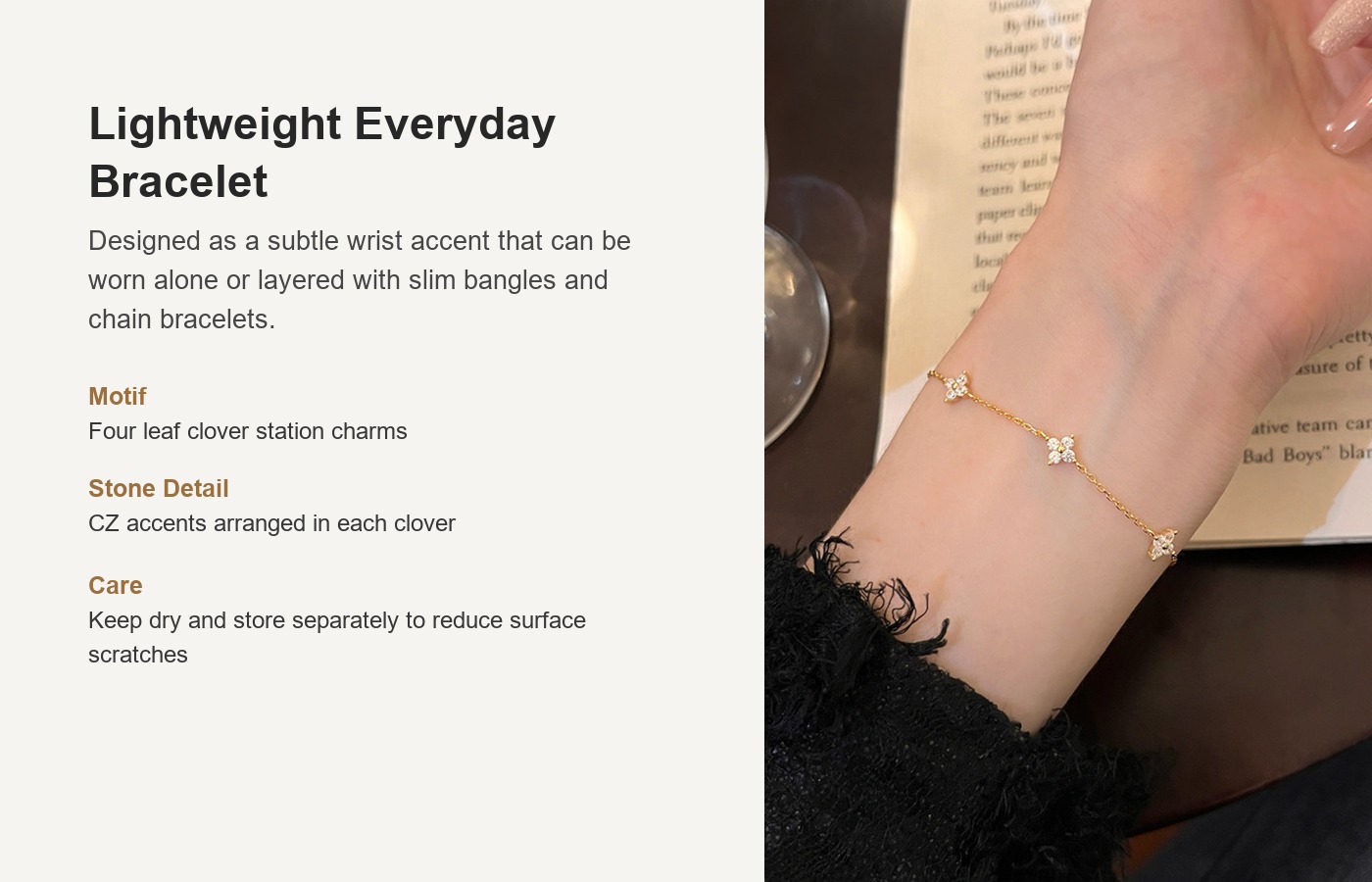 S925 Silver Four Leaf Clover CZ Station Bracelet for Women detail image