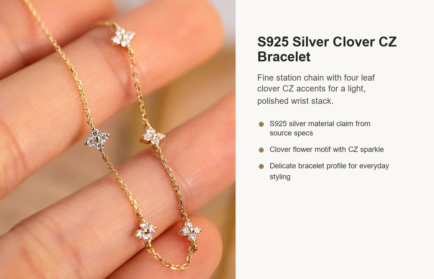 S925 Silver Four Leaf Clover CZ Station Bracelet for Women detail image