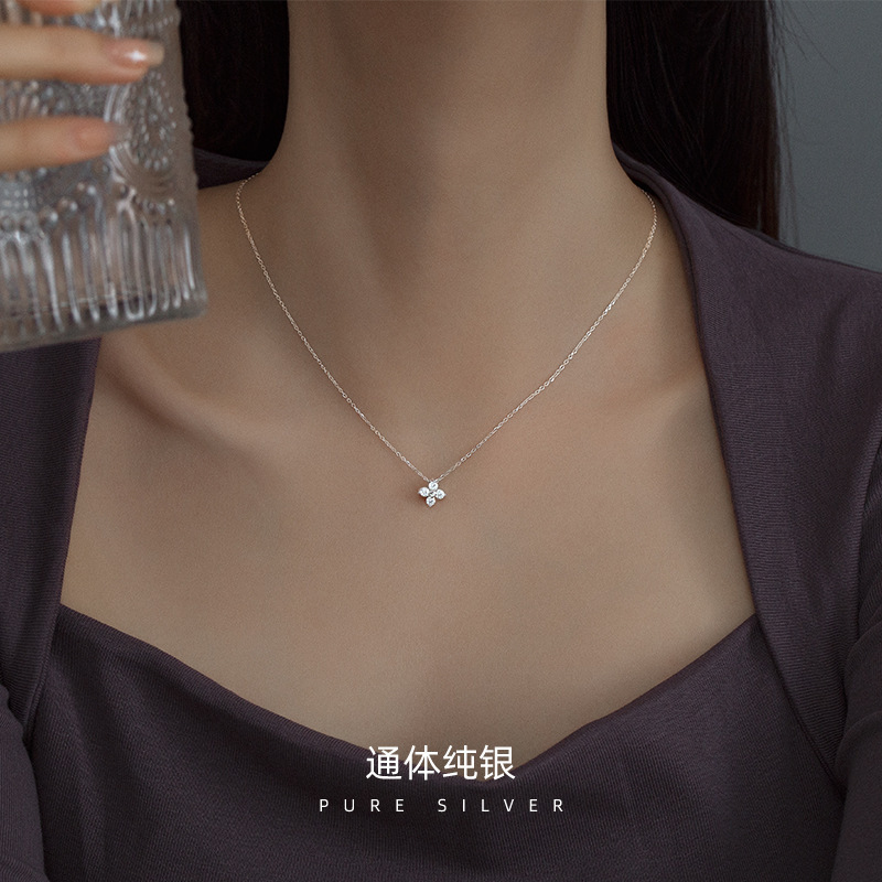 S925 Silver Lucky Four Leaf Clover CZ Minimalist Collarbone Chain Necklace for Women product image 4