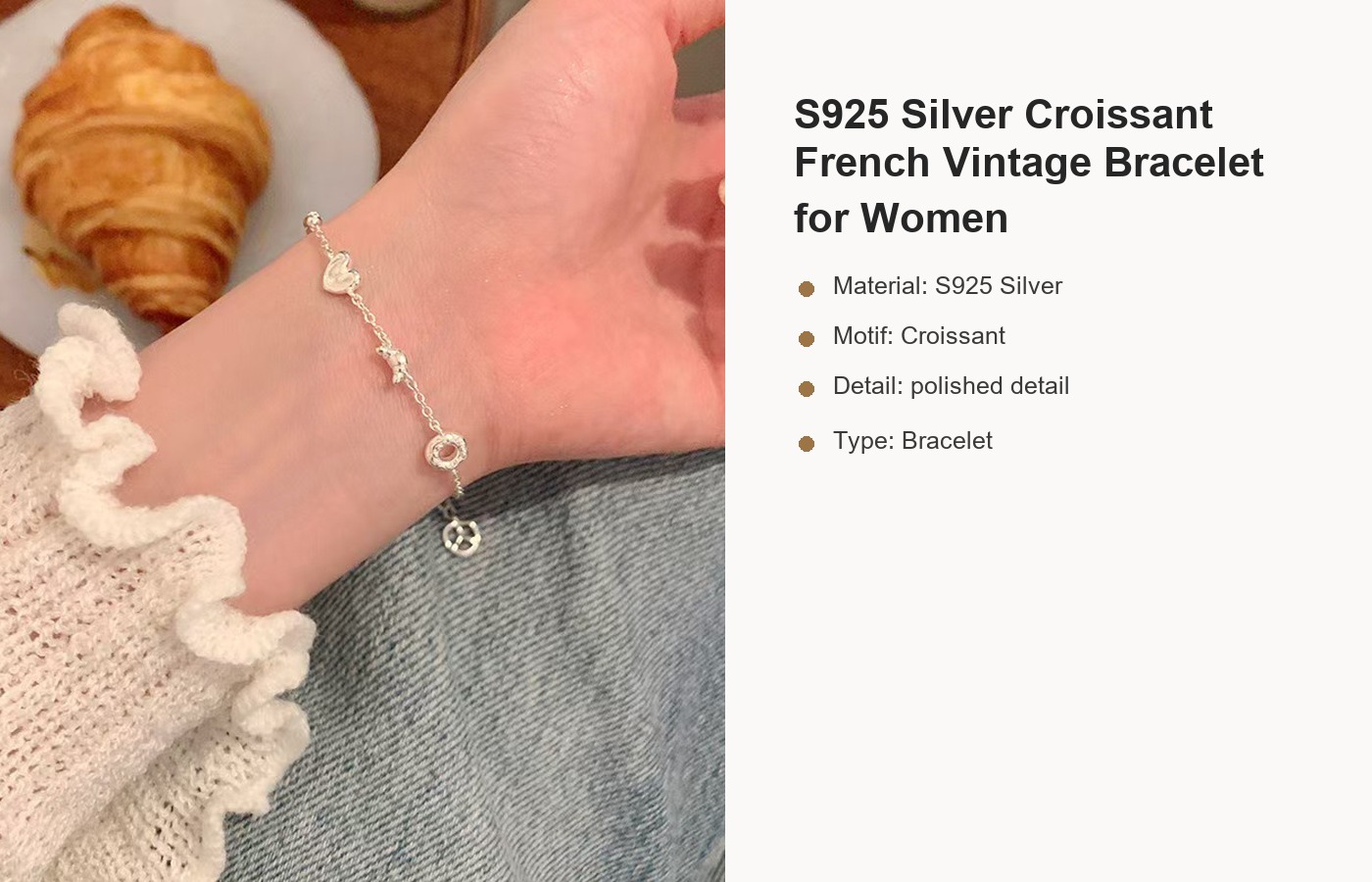 S925 Silver Croissant French Vintage Bracelet for Women detail image