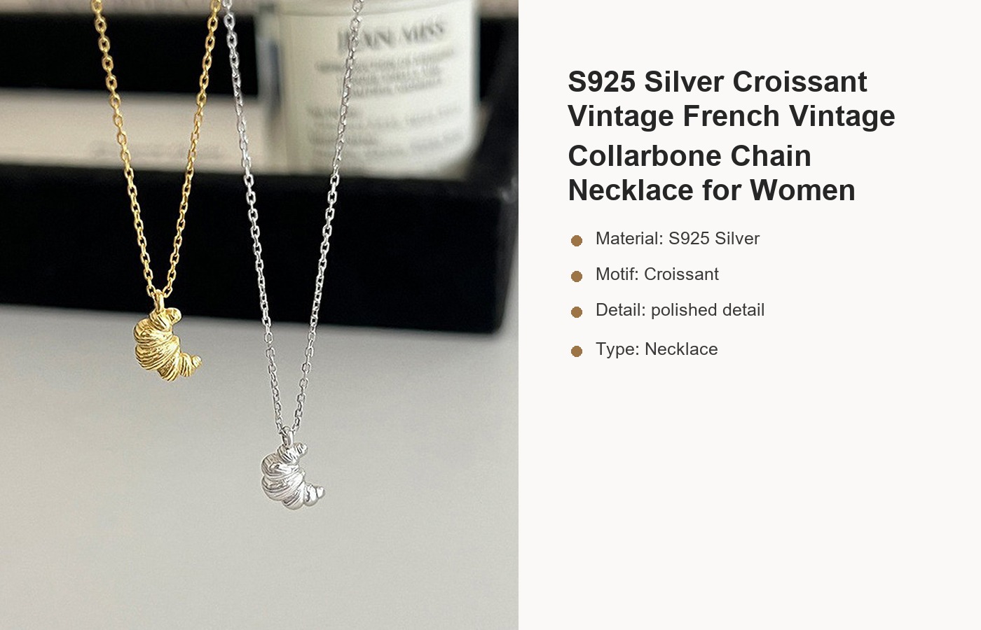 S925 Silver Croissant Vintage French Vintage Collarbone Chain Necklace for Women detail image