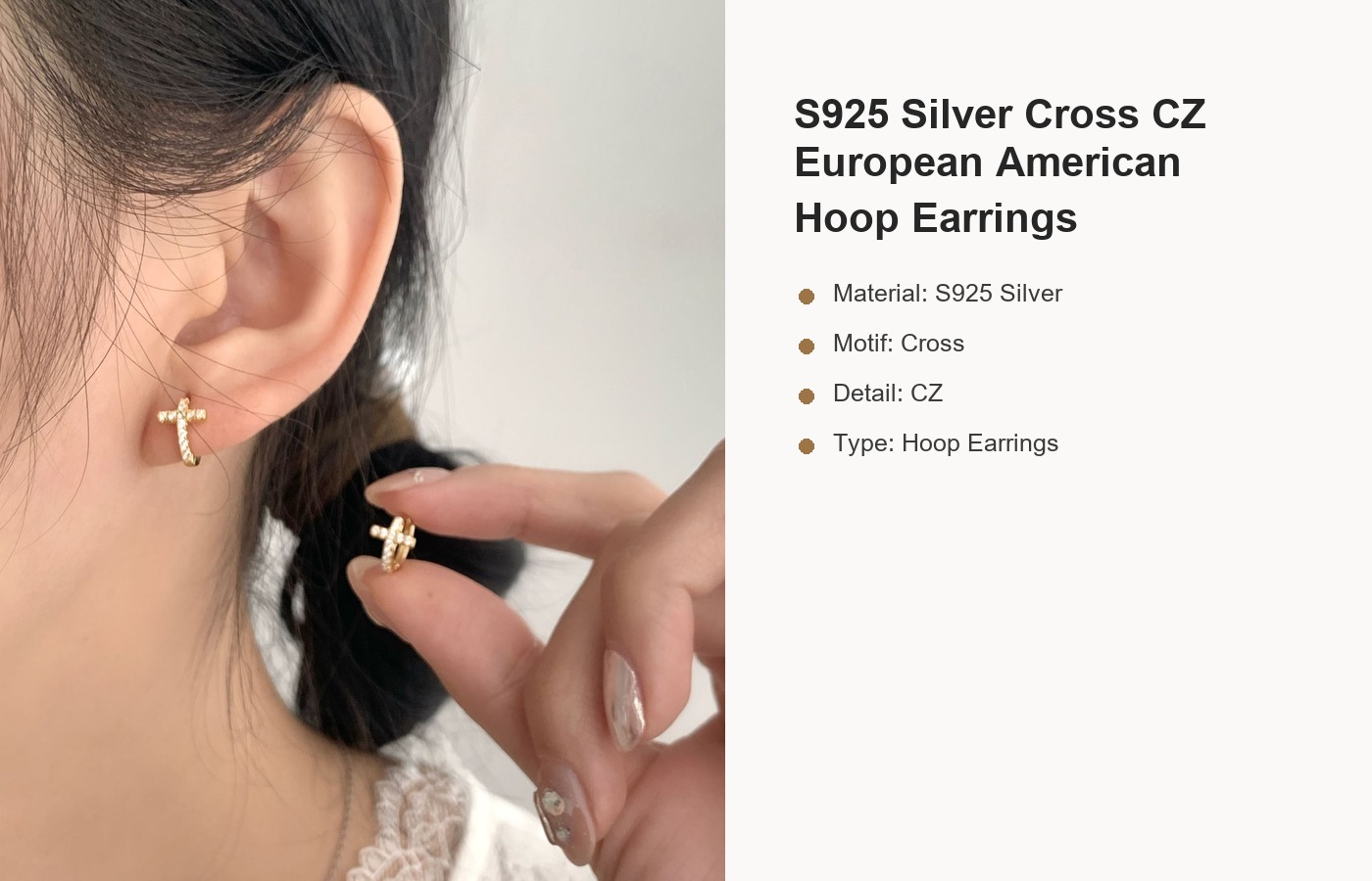 S925 Silver Cross CZ European American Hoop Earrings detail image