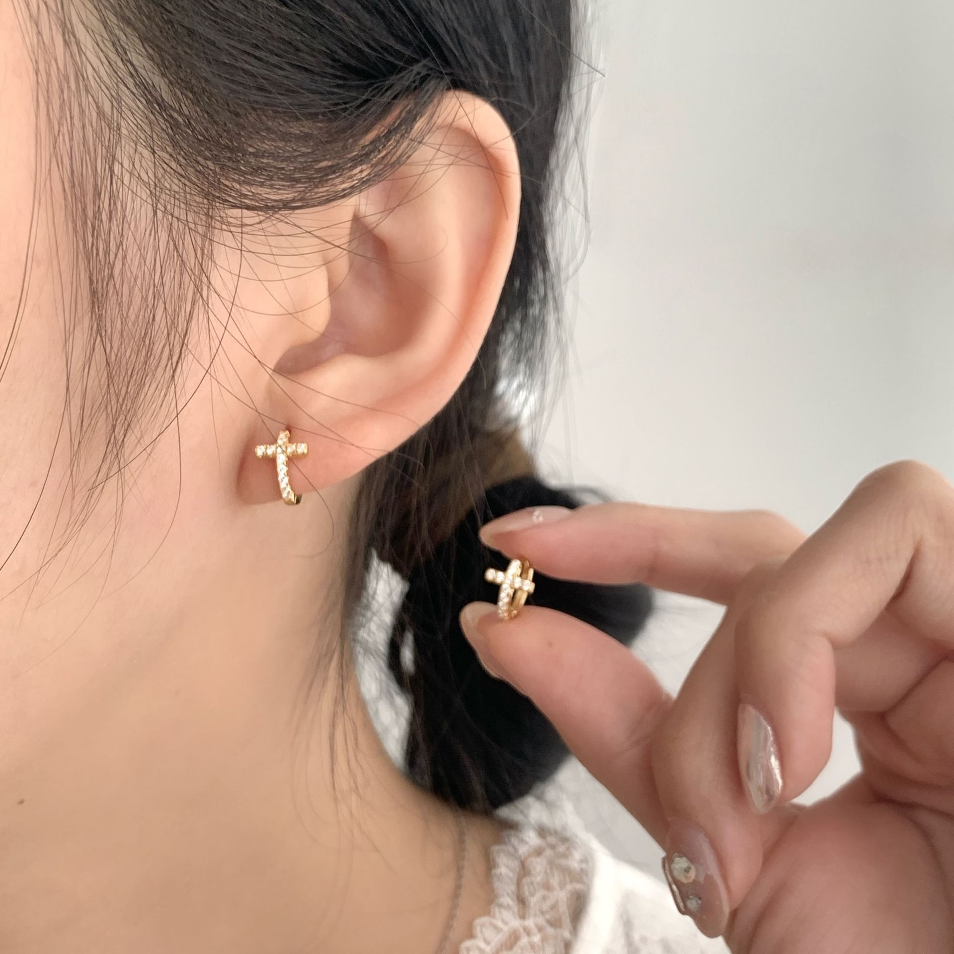 S925 Silver Cross CZ European American Hoop Earrings main image 2