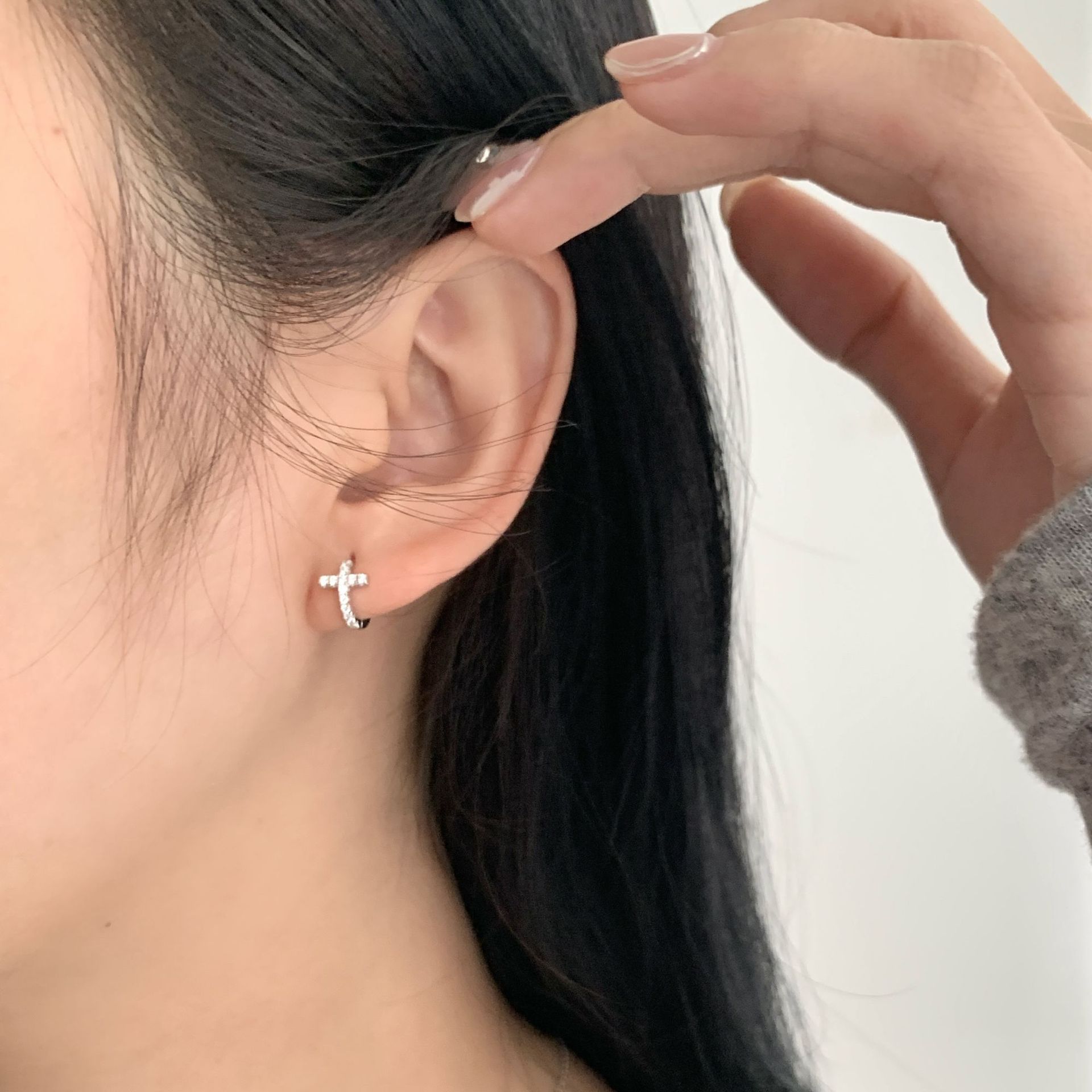 S925 Silver Cross CZ European American Hoop Earrings main image 3