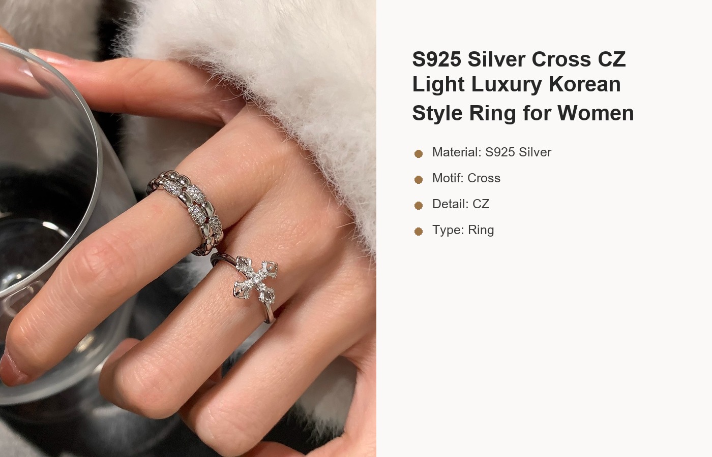 S925 Silver Cross CZ Light Luxury Korean Style Ring for Women detail image