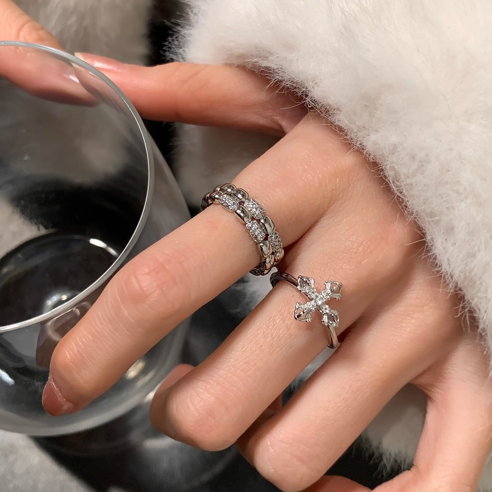 S925 Silver Cross CZ Light Luxury Korean Style Ring for Women main image 2