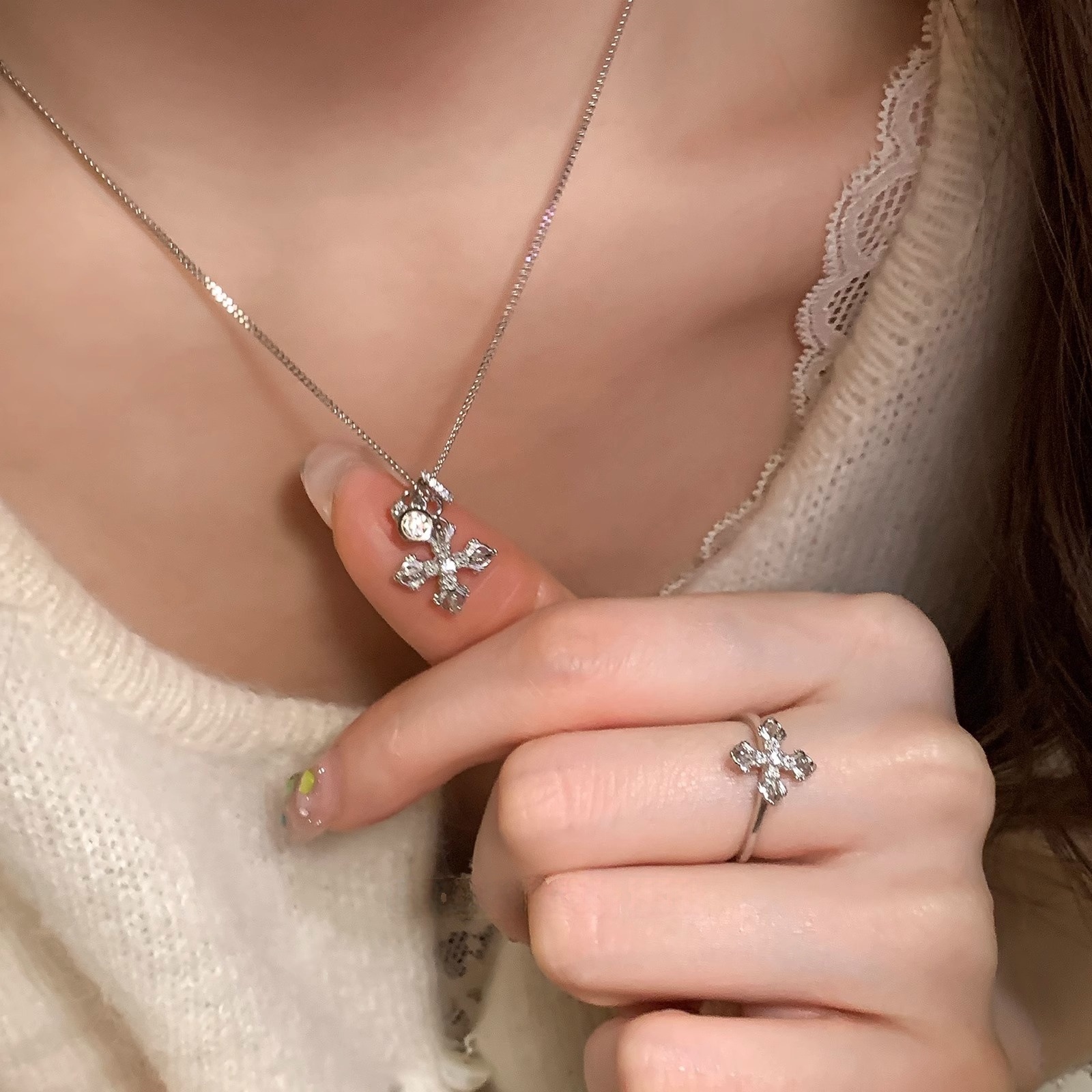 S925 Silver Cross CZ Light Luxury Korean Style Ring for Women main image 3