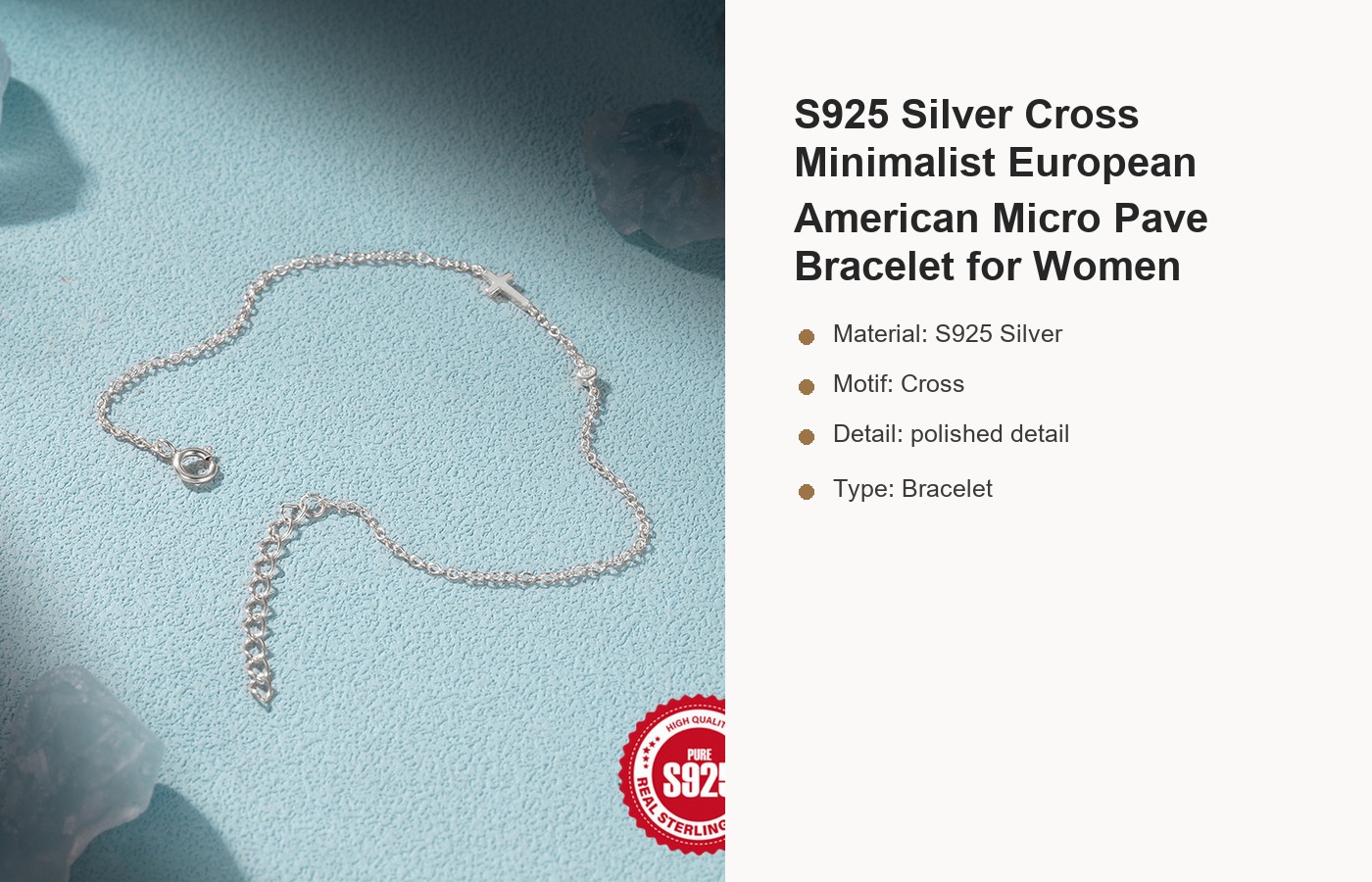 S925 Silver Cross Minimalist European American Micro Pave Bracelet for Women detail image