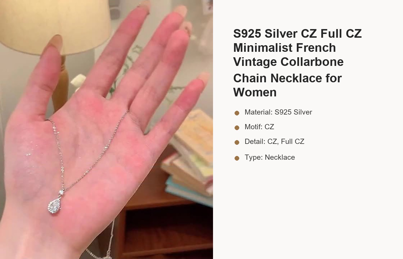 S925 Silver CZ Full CZ Minimalist French Vintage Collarbone Chain Necklace for Women detail image
