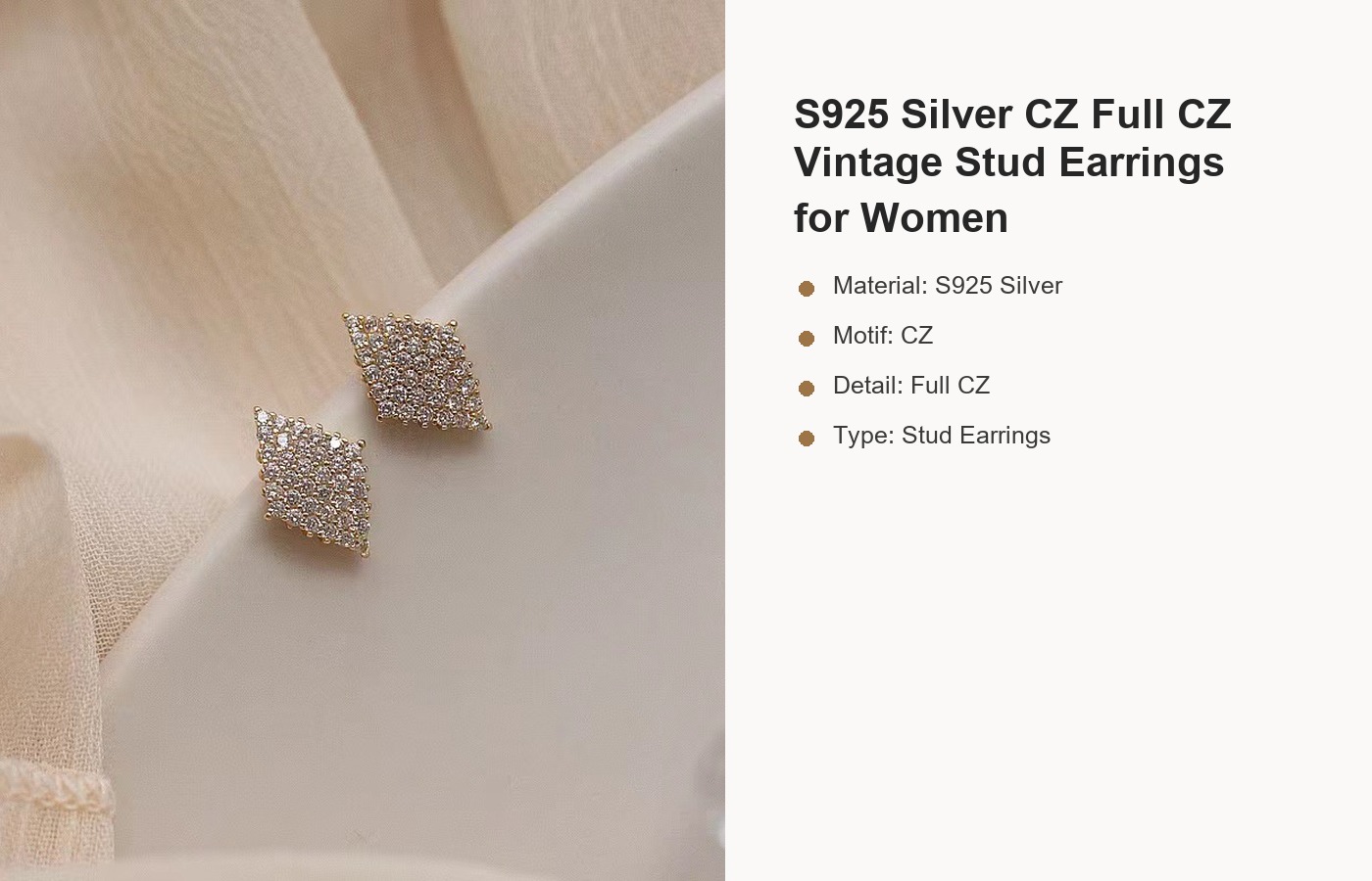 S925 Silver CZ Full CZ Vintage Stud Earrings for Women detail image
