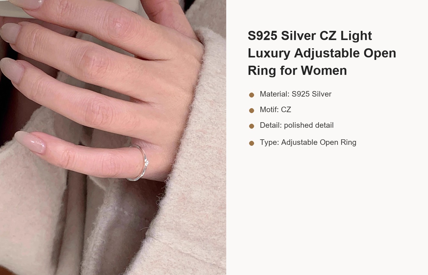 S925 Silver CZ Light Luxury Adjustable Open Ring for Women detail image