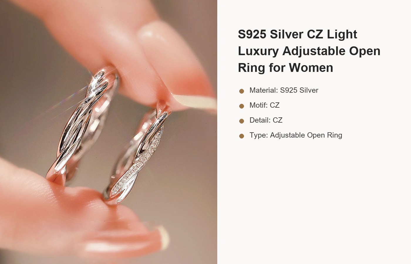 S925 Silver CZ Light Luxury Adjustable Open Ring for Women detail image