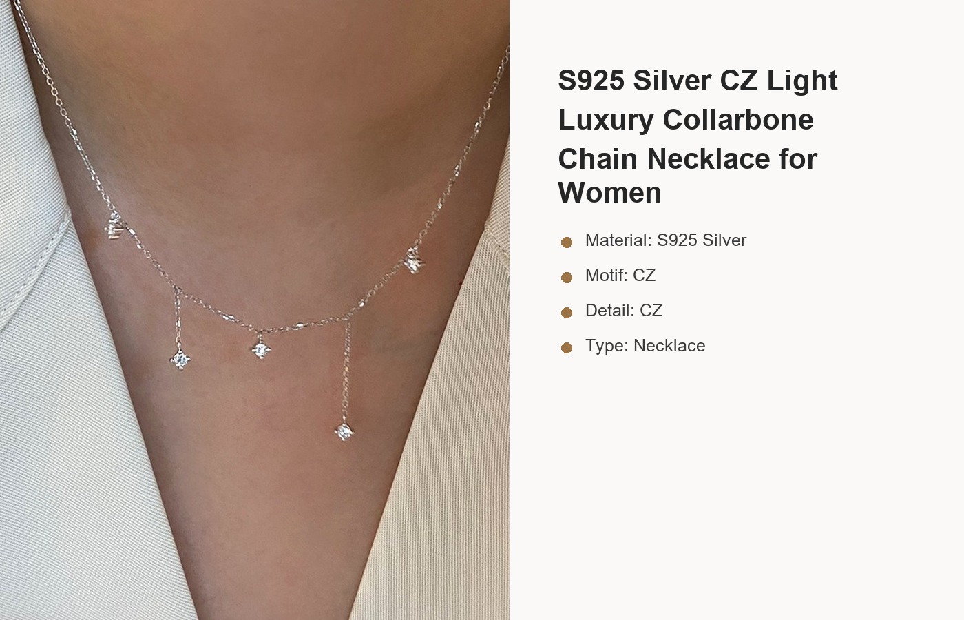 S925 Silver CZ Light Luxury Collarbone Chain Necklace for Women detail image