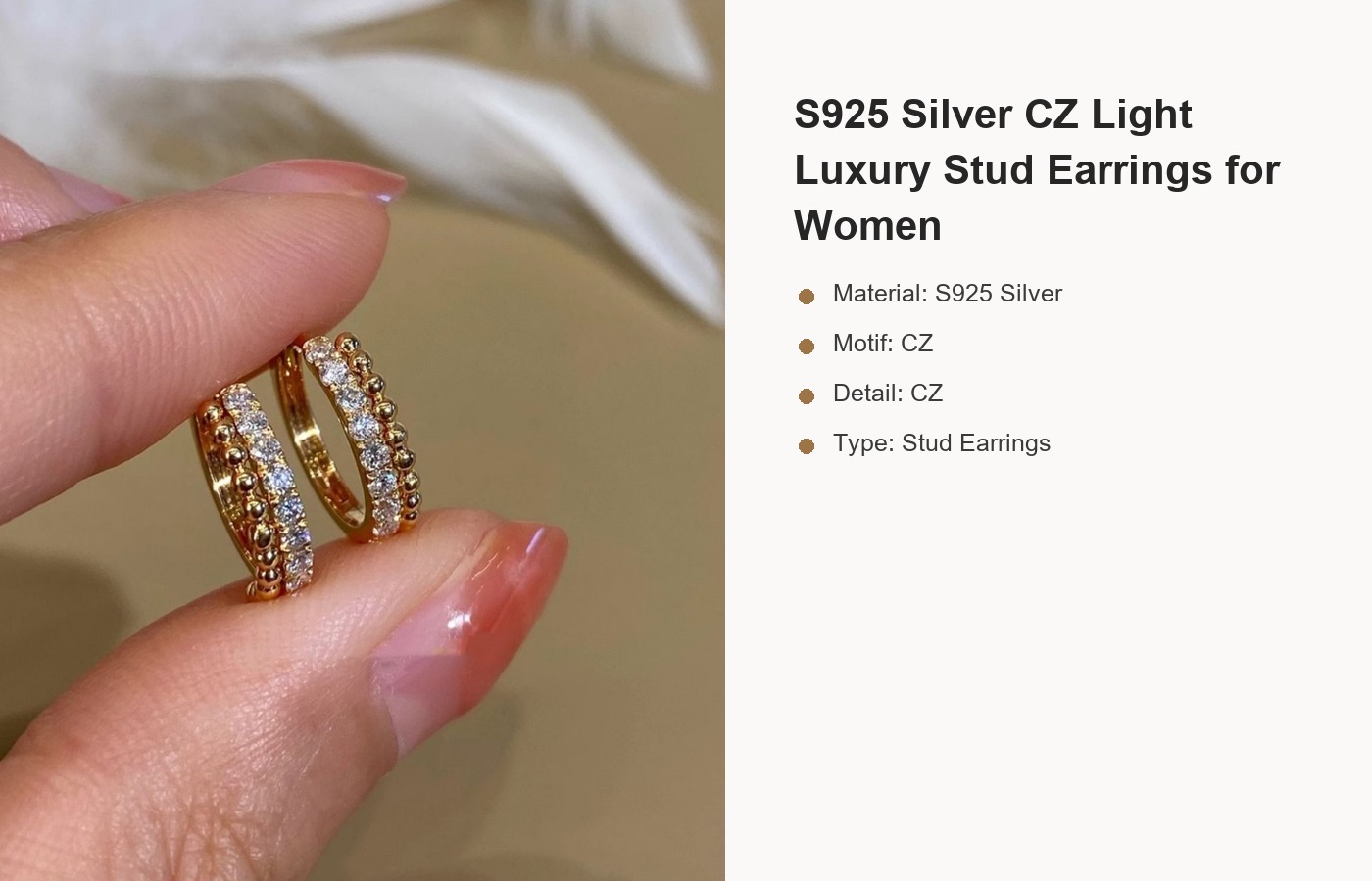 S925 Silver CZ Light Luxury Stud Earrings for Women detail image