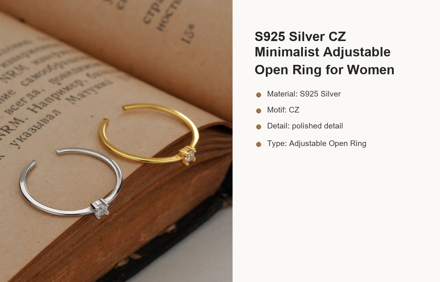 S925 Silver CZ Minimalist Adjustable Open Ring for Women detail image